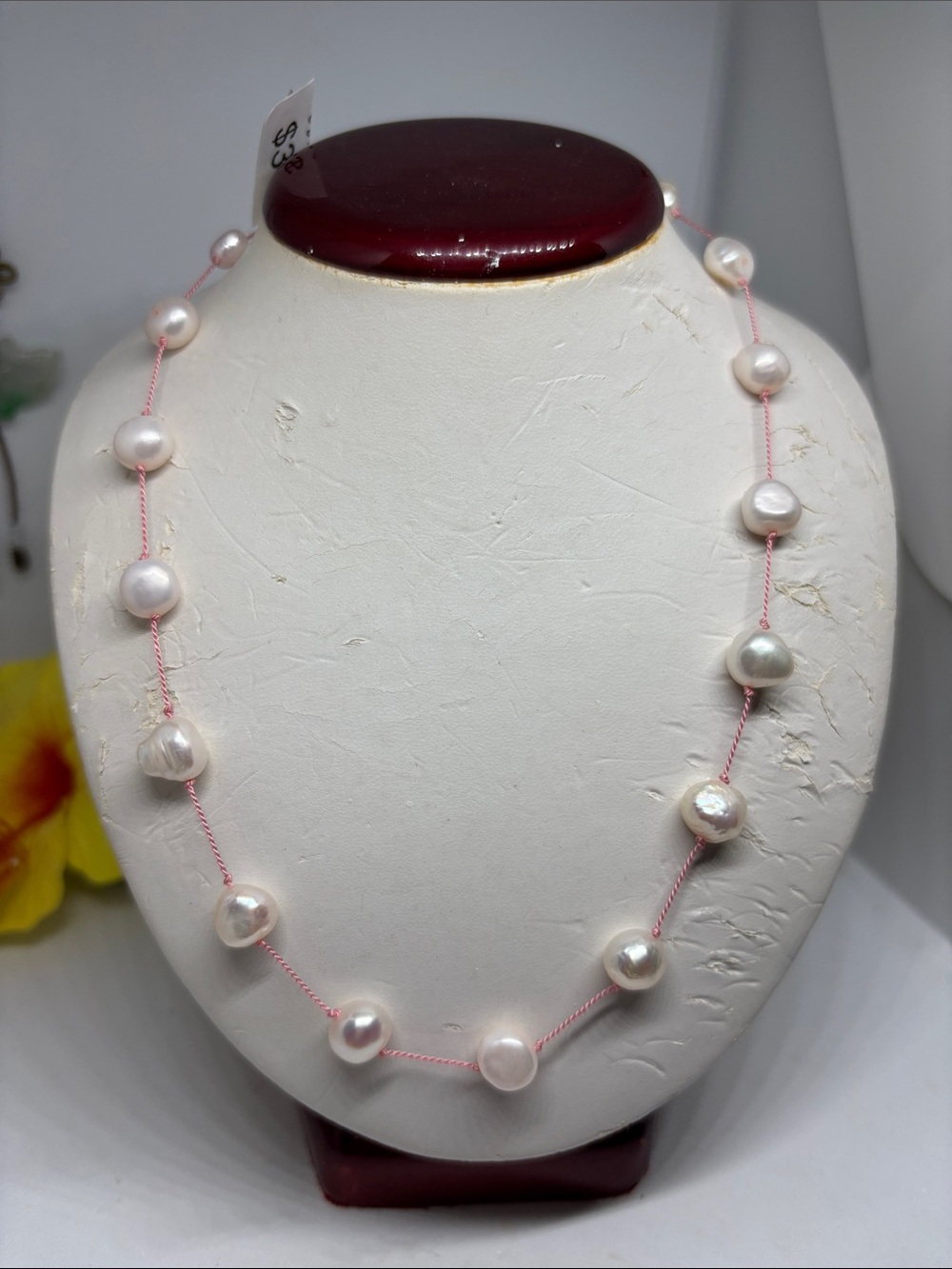 Freshwater 8mm nugget Pearl Necklace with Pink Cord tin cup necklace.
